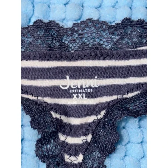 Jenni Intimates Thong Panty Nairobi Stripe Navy Blue White Lace Trim, XXL, NWT - Picture 7 of 7